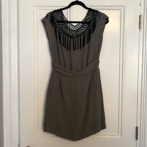 BCBG gray fringe neck dress. New with tags
